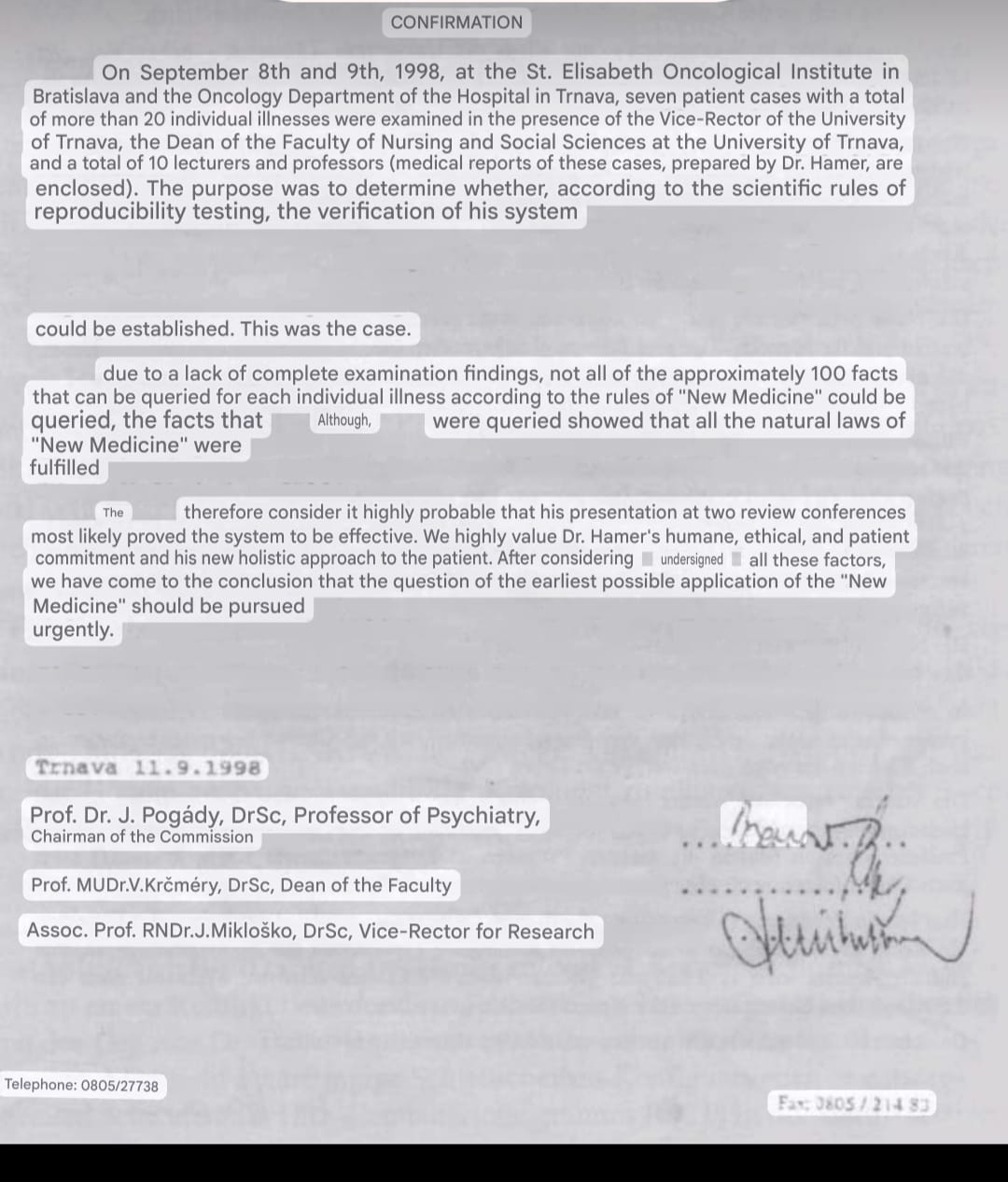 English translation of the 1998 University of Trnava confirmation